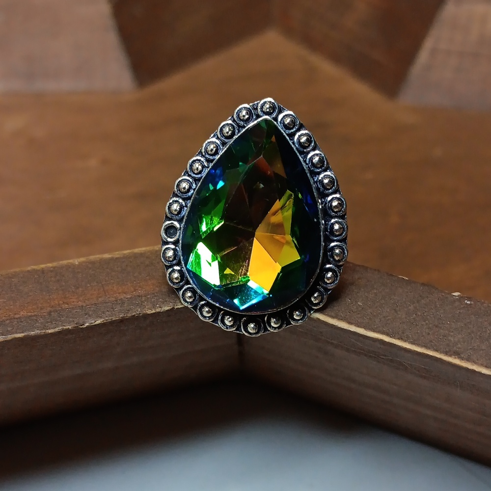 Hand Crafted Green Yellow Blue Teardrop Ring with Silver Bezel